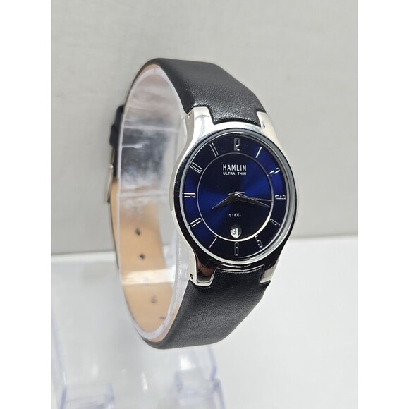Hamlin Ultra Thin Steel Blue Dial Date Quartz 100 Ft Water Resistant New Battery - Picture 3 of 11